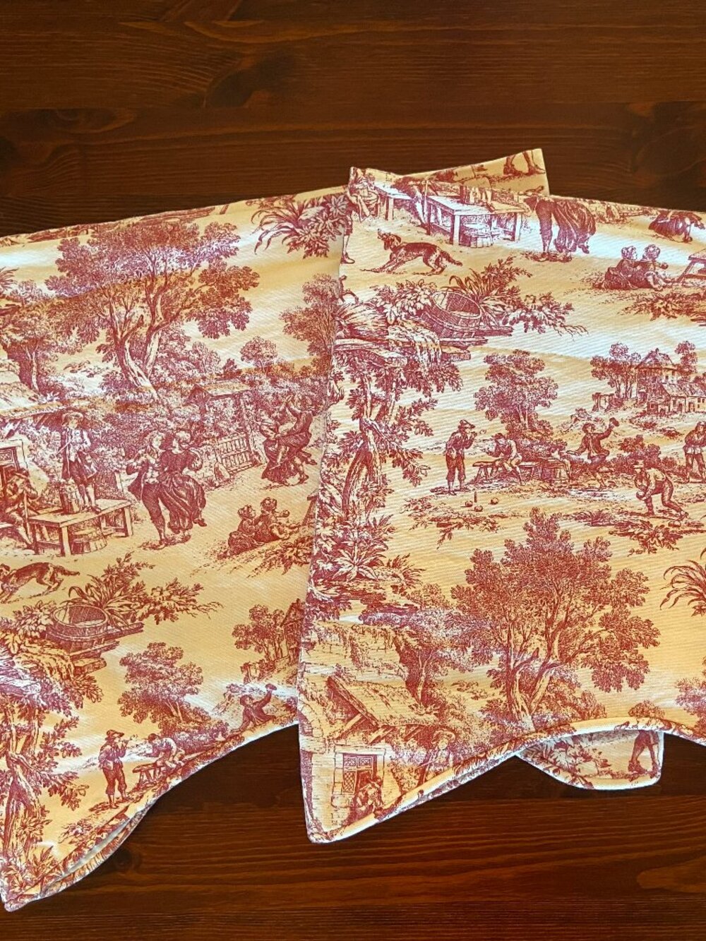 Red and Ivory Scalloped Toile Rod Pocket Valance Curtains Set of 2